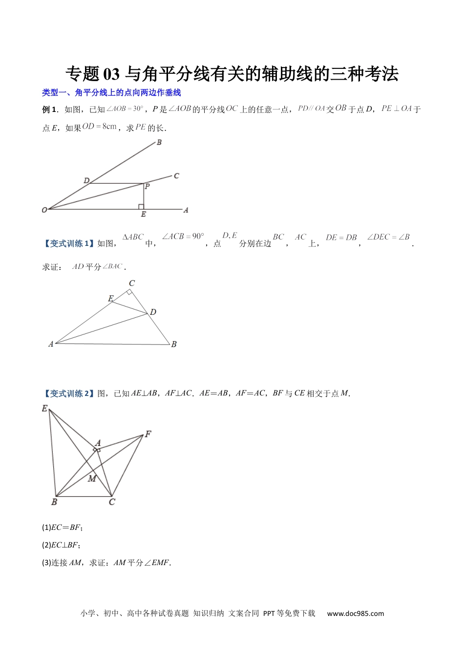 人教八年级数学上册 专题03 与角平分线有关的辅助线的三种考法（原卷版）（人教版） .docx