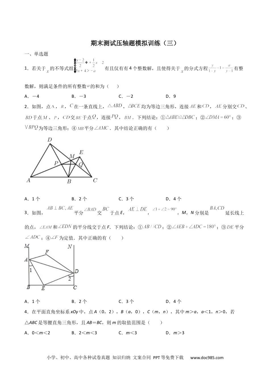 人教八年级数学上册 期末测试压轴题模拟训练（三）（原卷版）（人教版）.docx