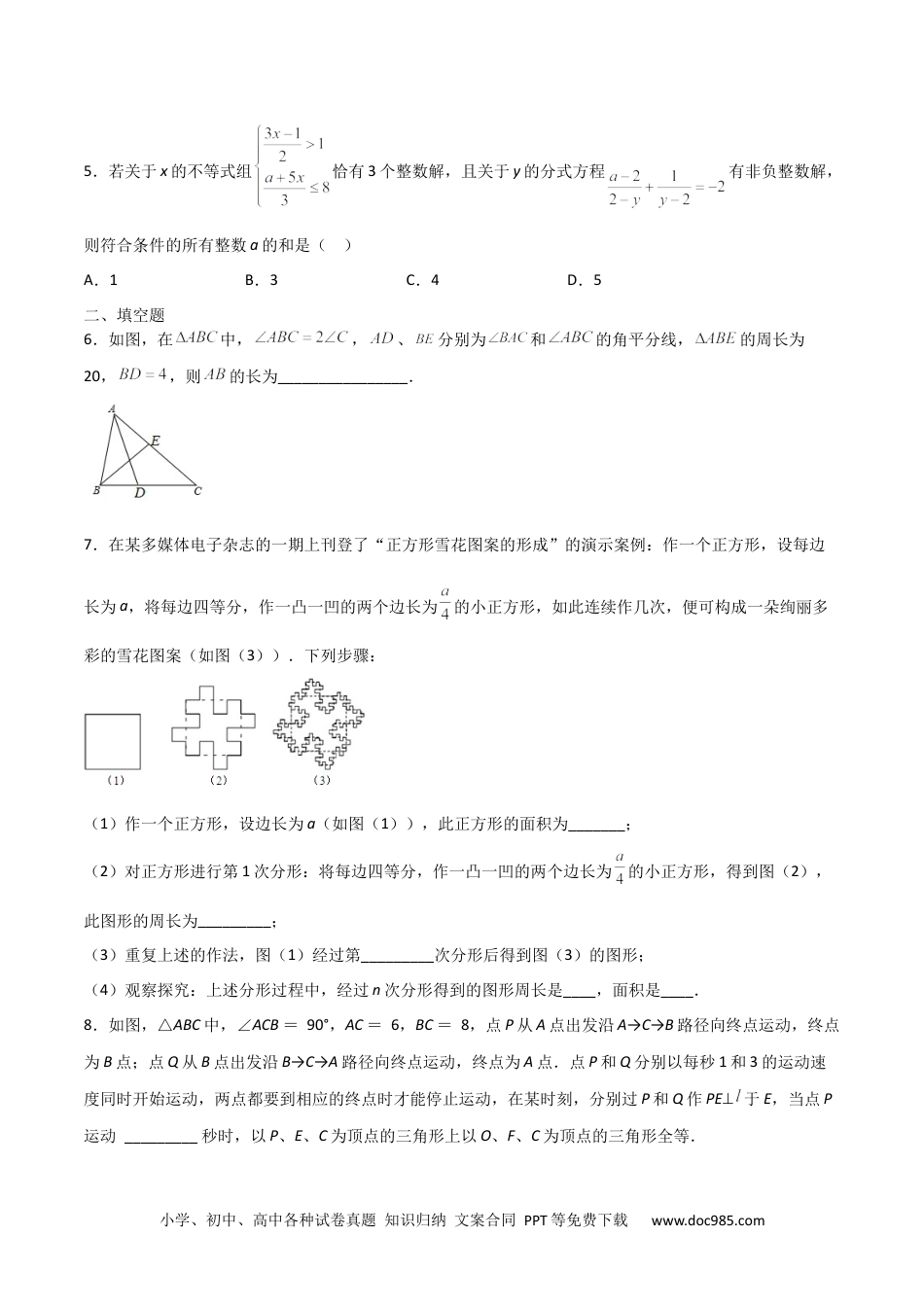 人教八年级数学上册 期末测试压轴题模拟训练（三）（原卷版）（人教版）.docx