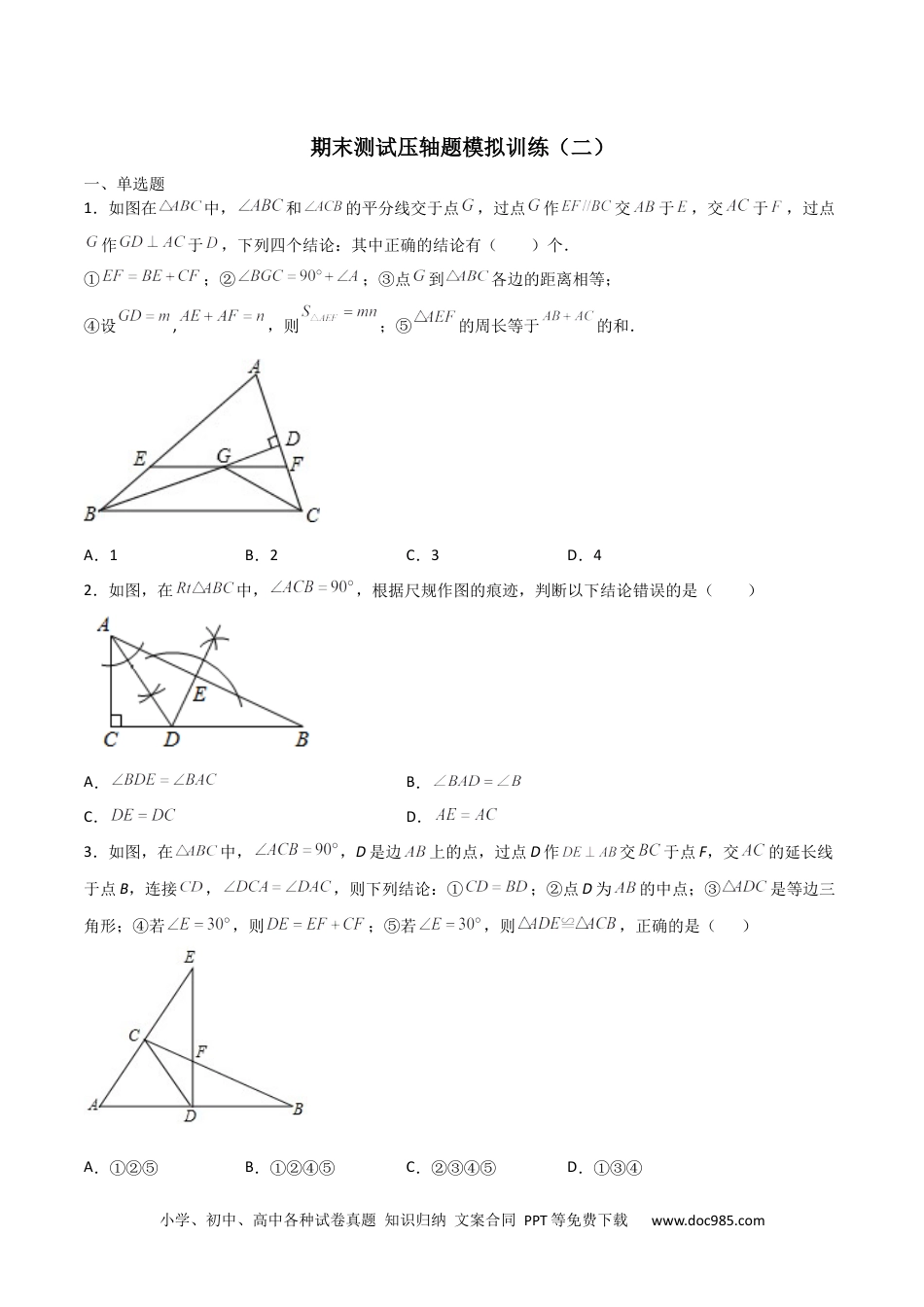 人教八年级数学上册 期末测试压轴题模拟训练（二）（原卷版）（人教版）.docx