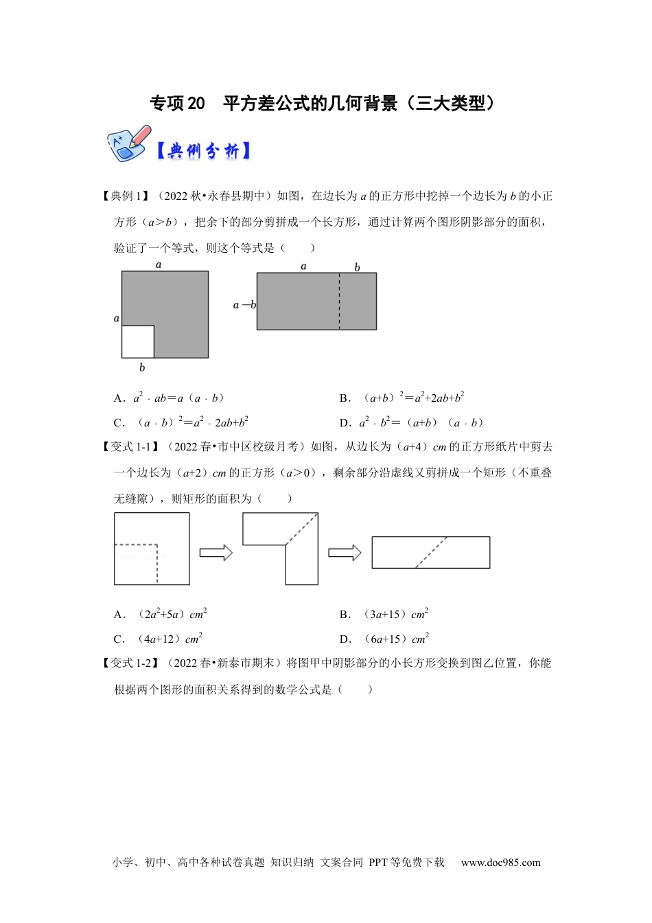 人教八年级数学上册 专项20  平方差公式的几何背景（三大类型）（原卷版）.docx