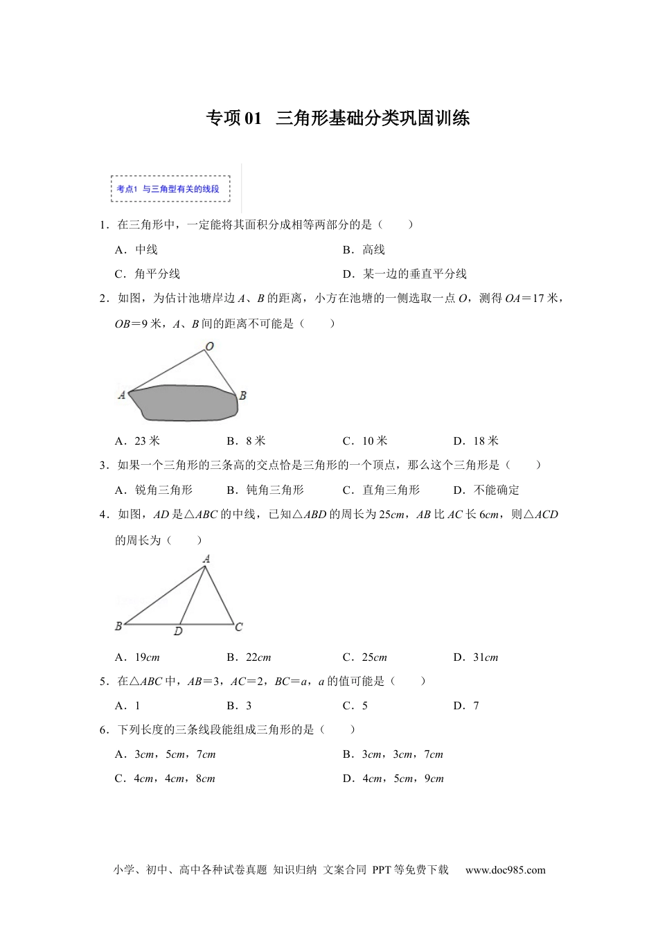 人教八年级数学上册 专项01 三角形基础分类巩固训练（原卷版）.docx