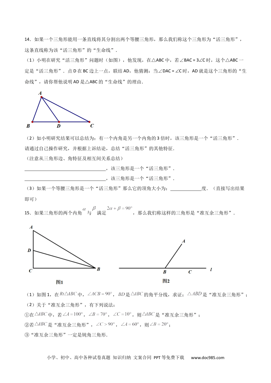 人教八年级数学上册 专题07 与三角形角度有关的新定义问题（原卷版）.docx