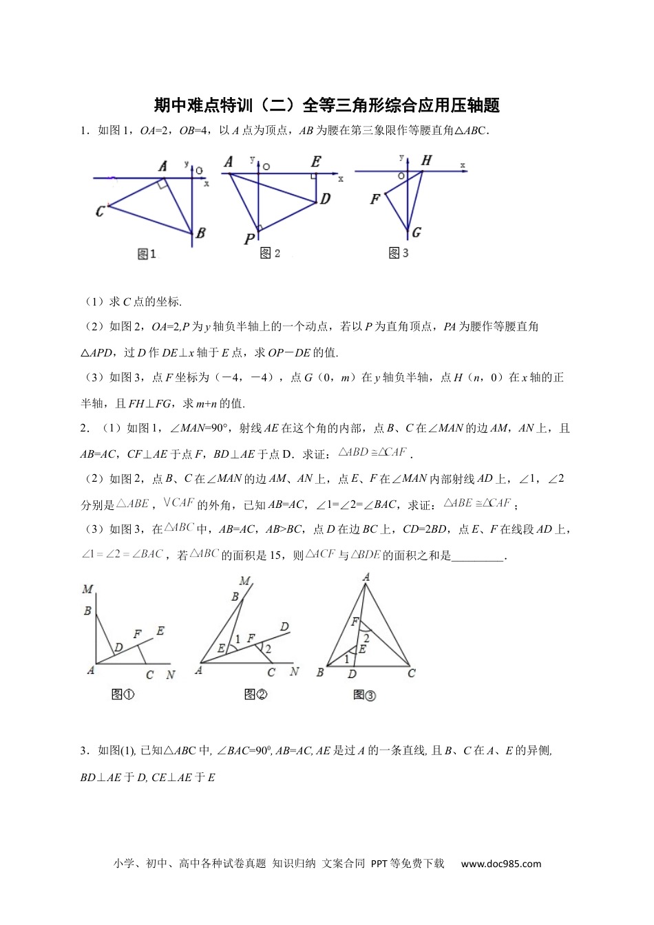 人教八年级数学上册 期中难点特训（二）全等三角形综合应用压轴题（原卷版）.docx