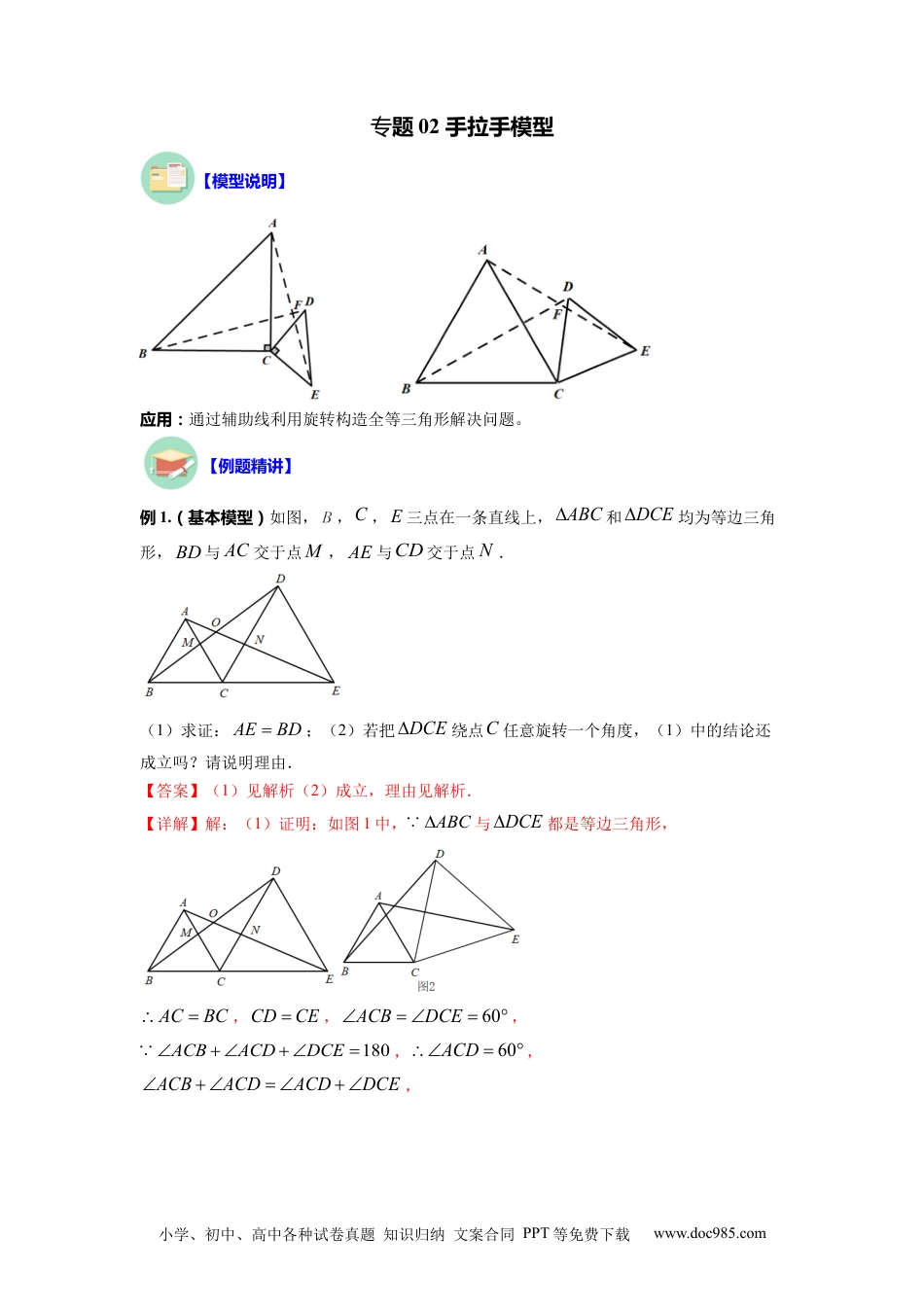 人教八年级数学上册 专题02 手拉手模型（解析版）.docx