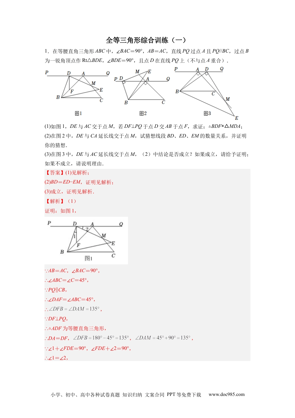 人教八年级数学上册 全等三角形综合训练（一）（解析版）.docx