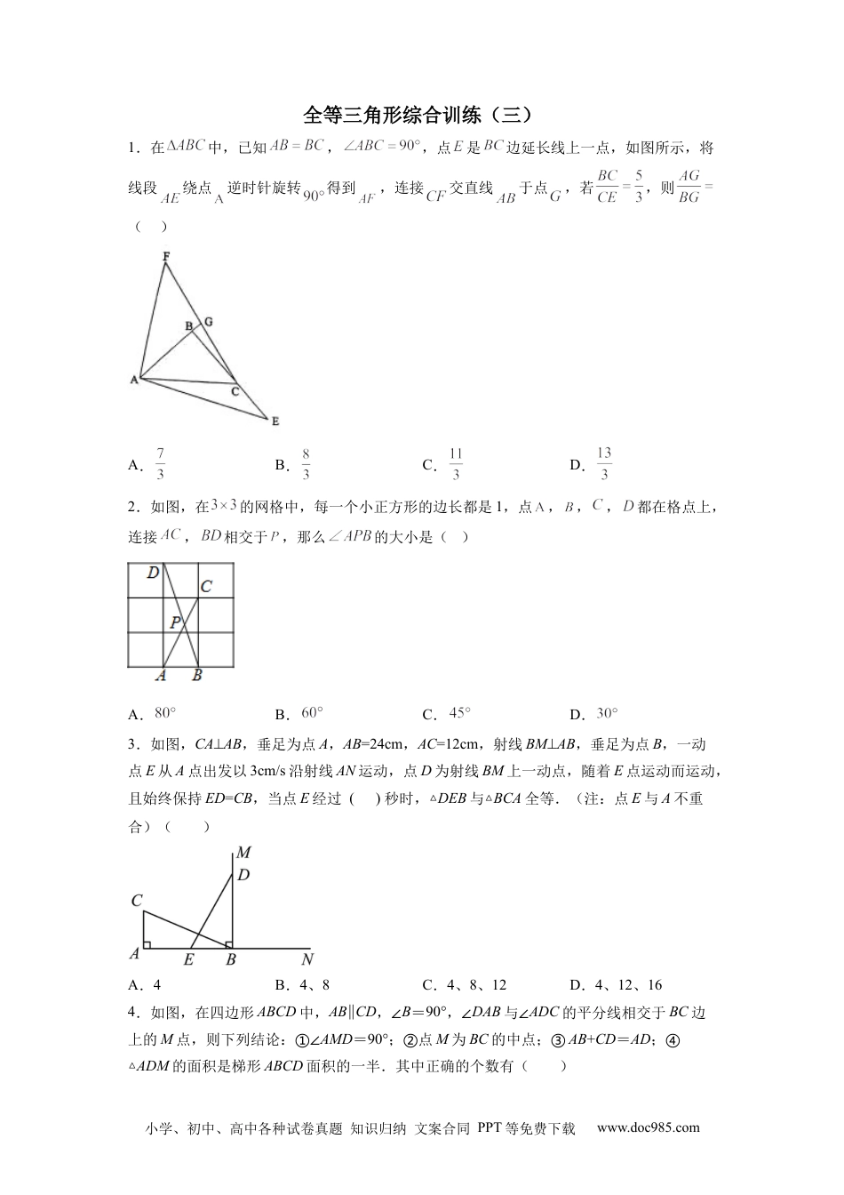 人教八年级数学上册 全等三角形综合训练（三）（原卷版） .docx