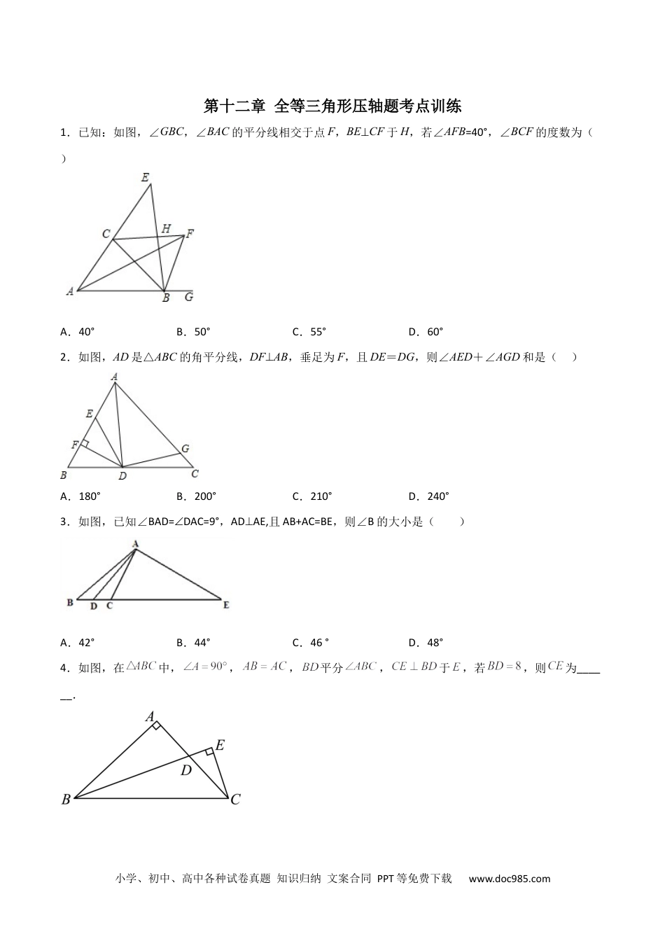 人教八年级数学上册 第十二章 全等三角形压轴题考点训练（原卷版）.docx