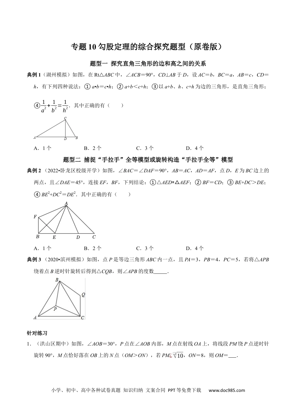 人教八年级数学下册 专题10 勾股定理的综合探究题型（原卷版）.docx