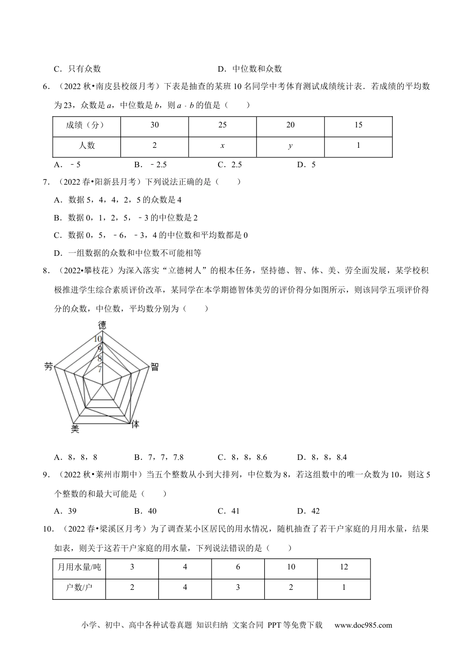 人教八年级数学下册 专题20.2中位数与众数专项提升训练（重难点培优）-【拔尖特训】2023年培优（原卷版）【人教版】.docx