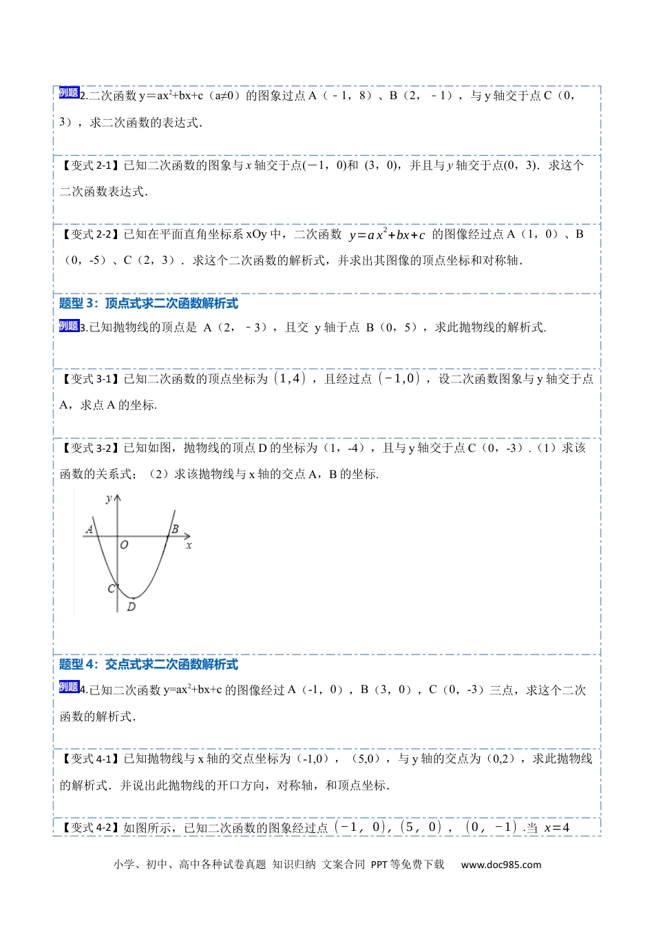 人教九年级数学上册  22.1.5待定系数法求二次函数解析式(讲+练)【7种题型】-  2023考点题型精讲（原卷版）.docx