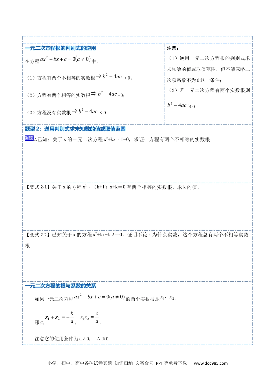 人教九年级数学上册  21.2一元二次方程根的判别式及根与系数的关系(讲+练)-  2023考点题型精讲（原卷版）.docx