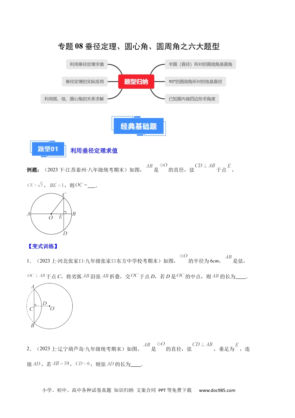 人教九年级数学上册  专题08 垂径定理、圆心角、圆周角之六大题型（原卷版）.docx