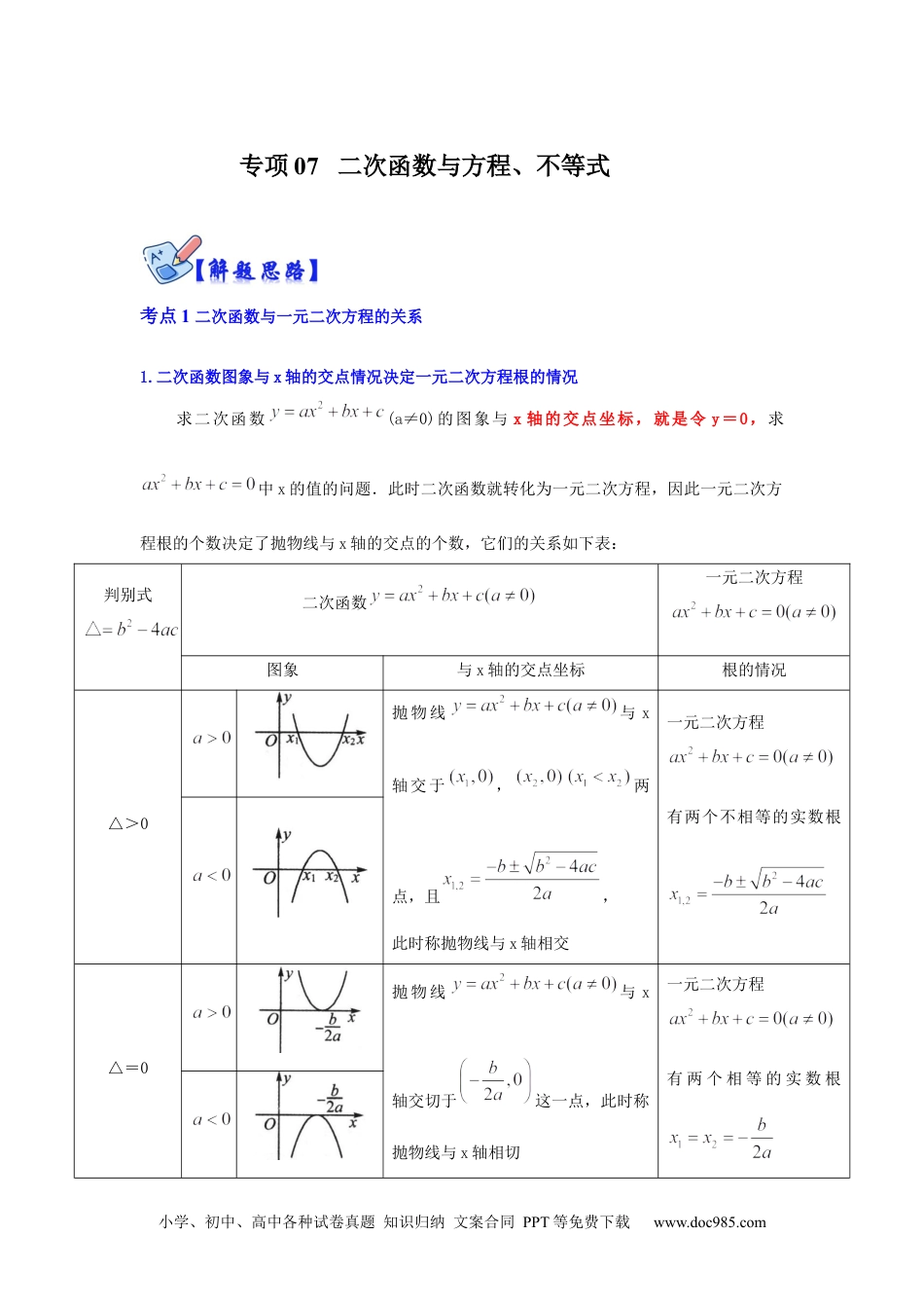 人教九年级数学下册  专项07 二次函数与方程、不等式（原卷版）.docx