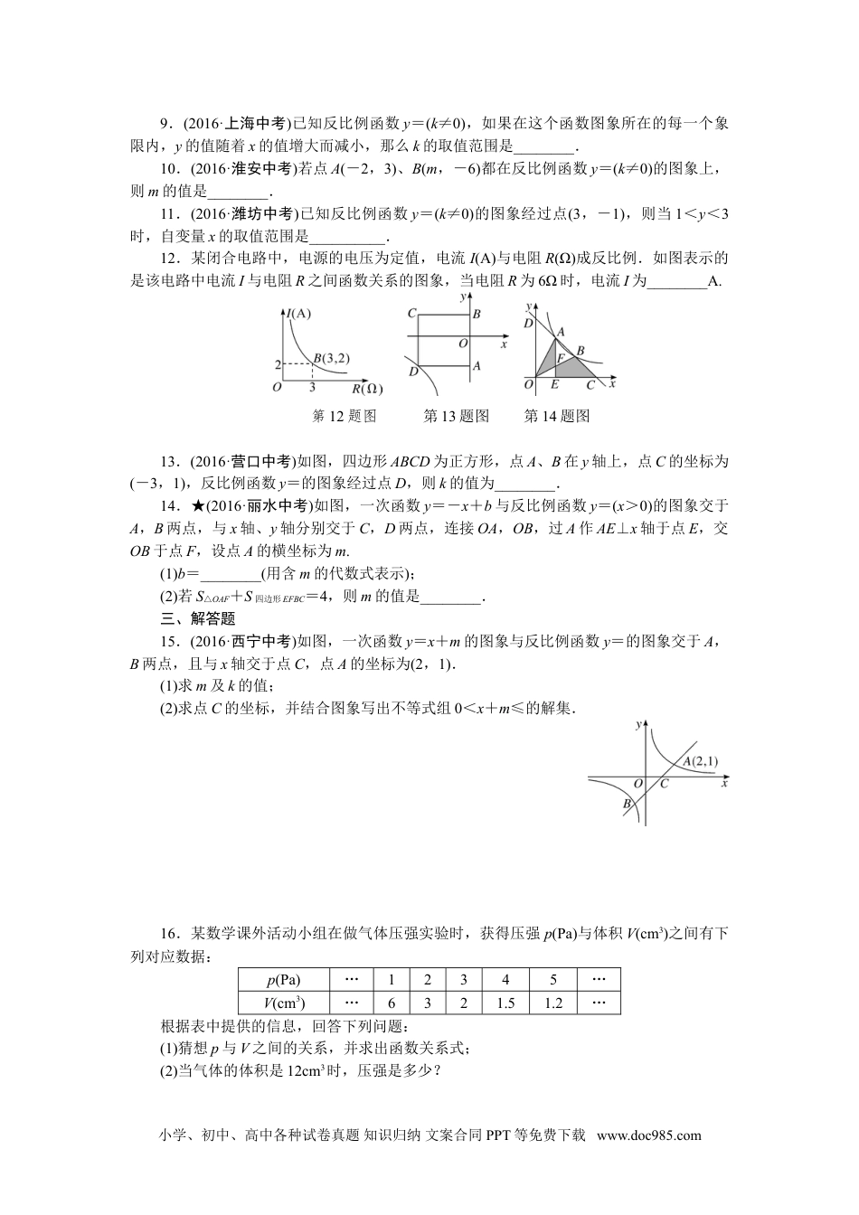 人教九年级数学下册  专项训练四　反比例函数.doc