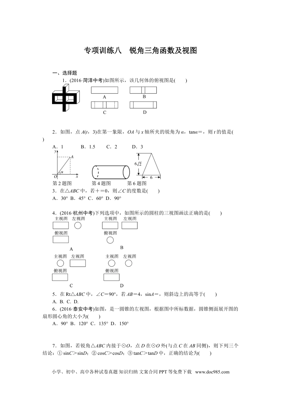 人教九年级数学下册  专项训练八　锐角三角函数及视图.doc