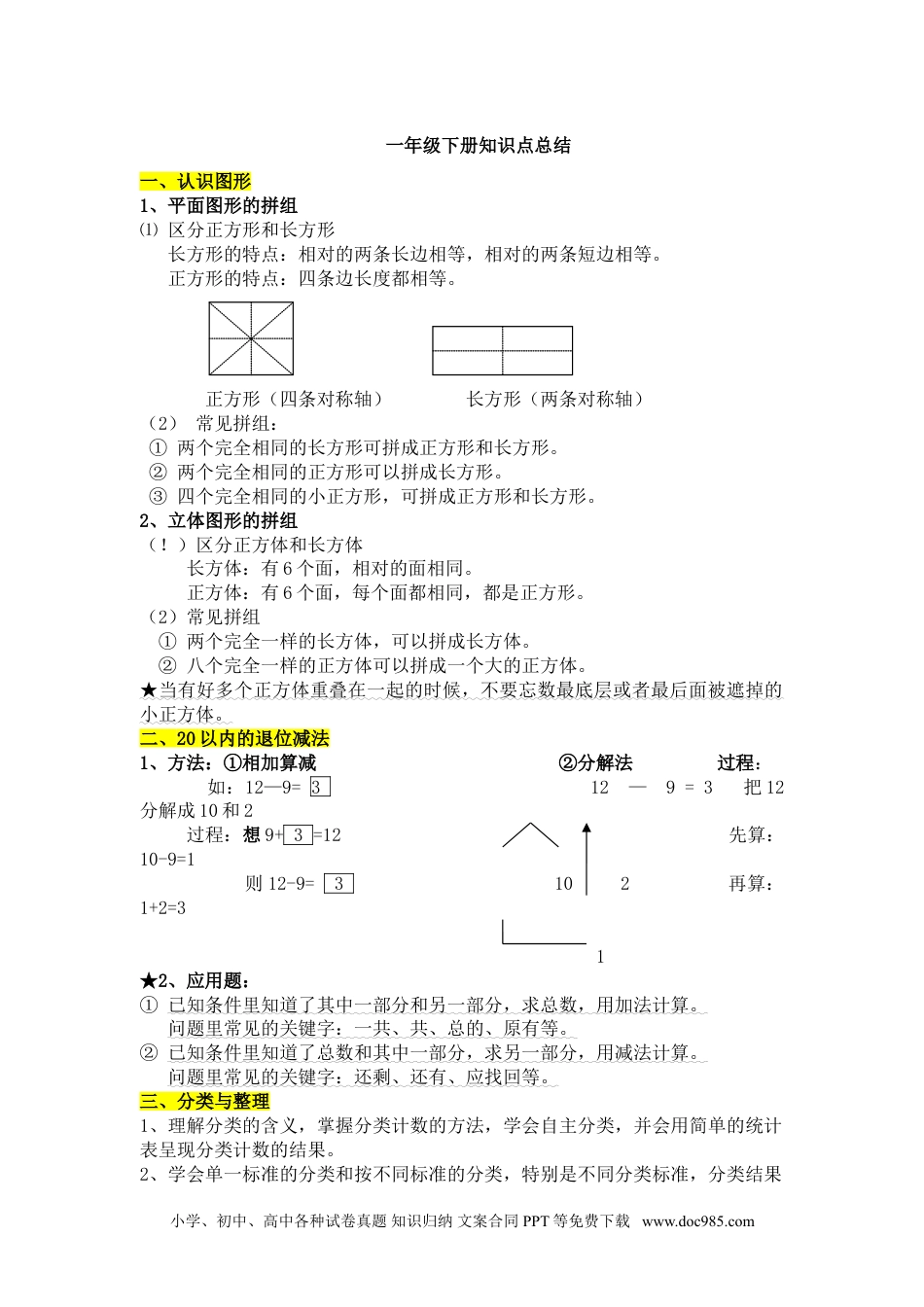 小学一年级下册数学一年级下册知识点总结.doc