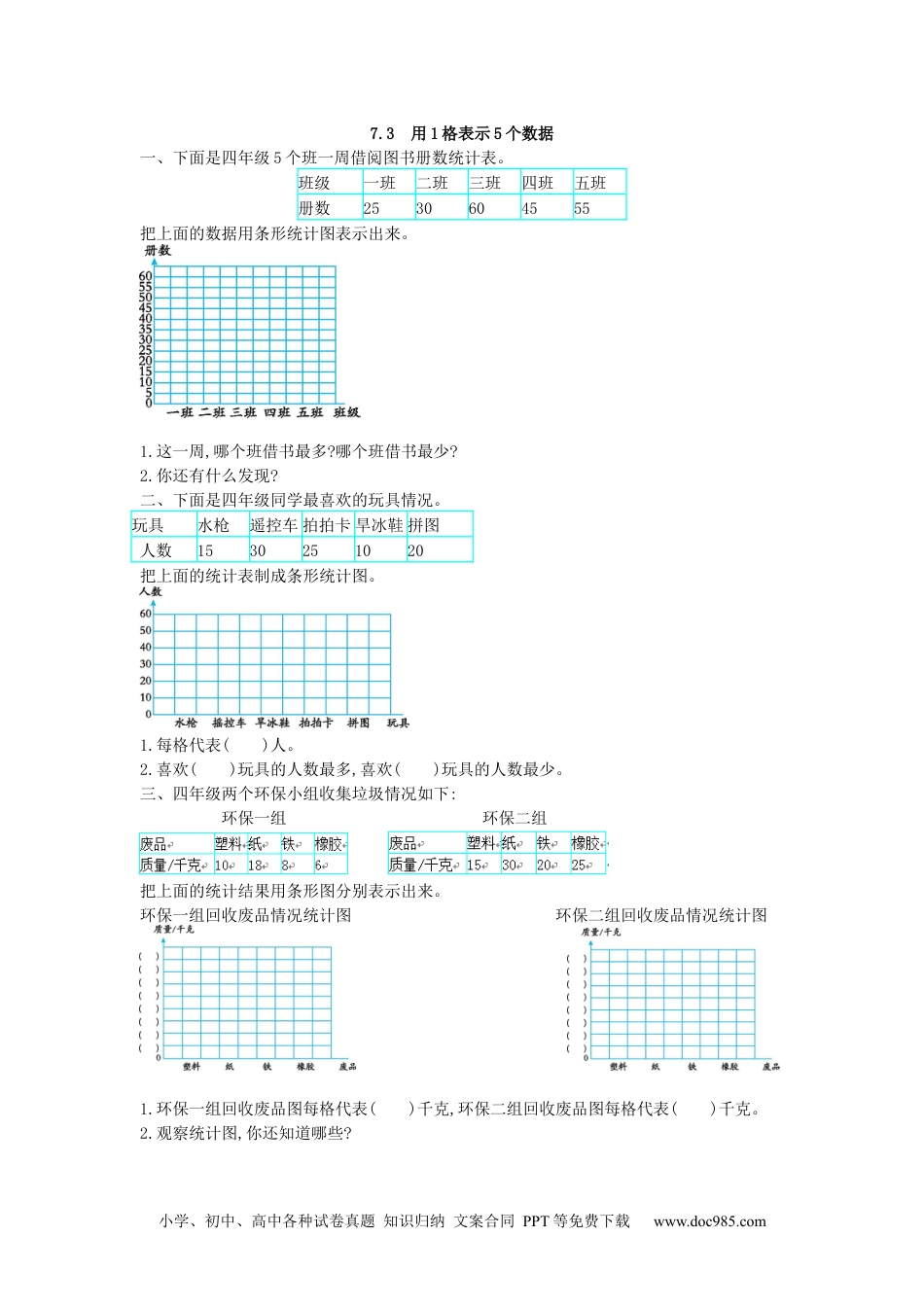 小学四年级数学上册7.3 用1格表示5个数据.docx