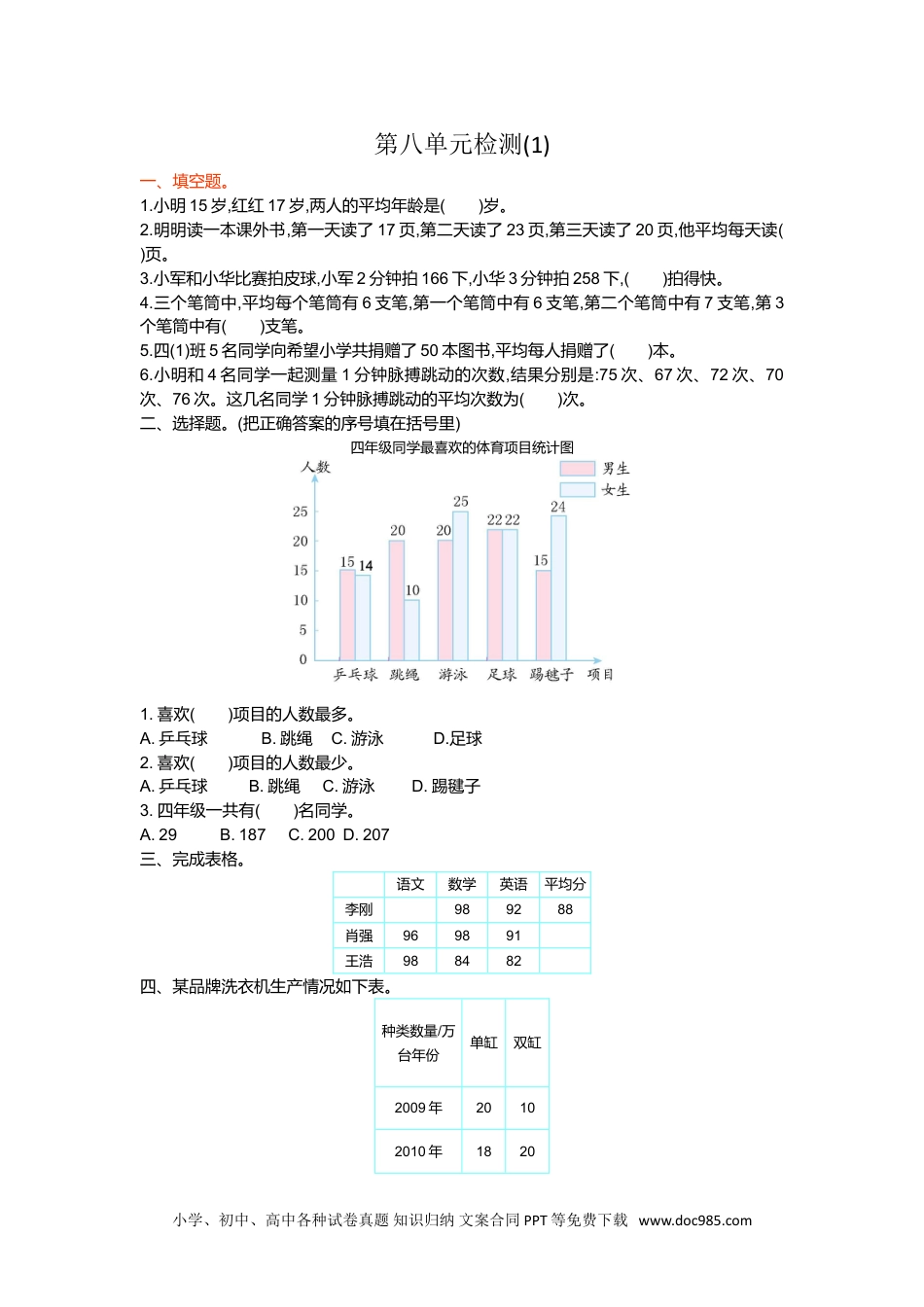 小学四年级数学下册第八单元检测1.doc