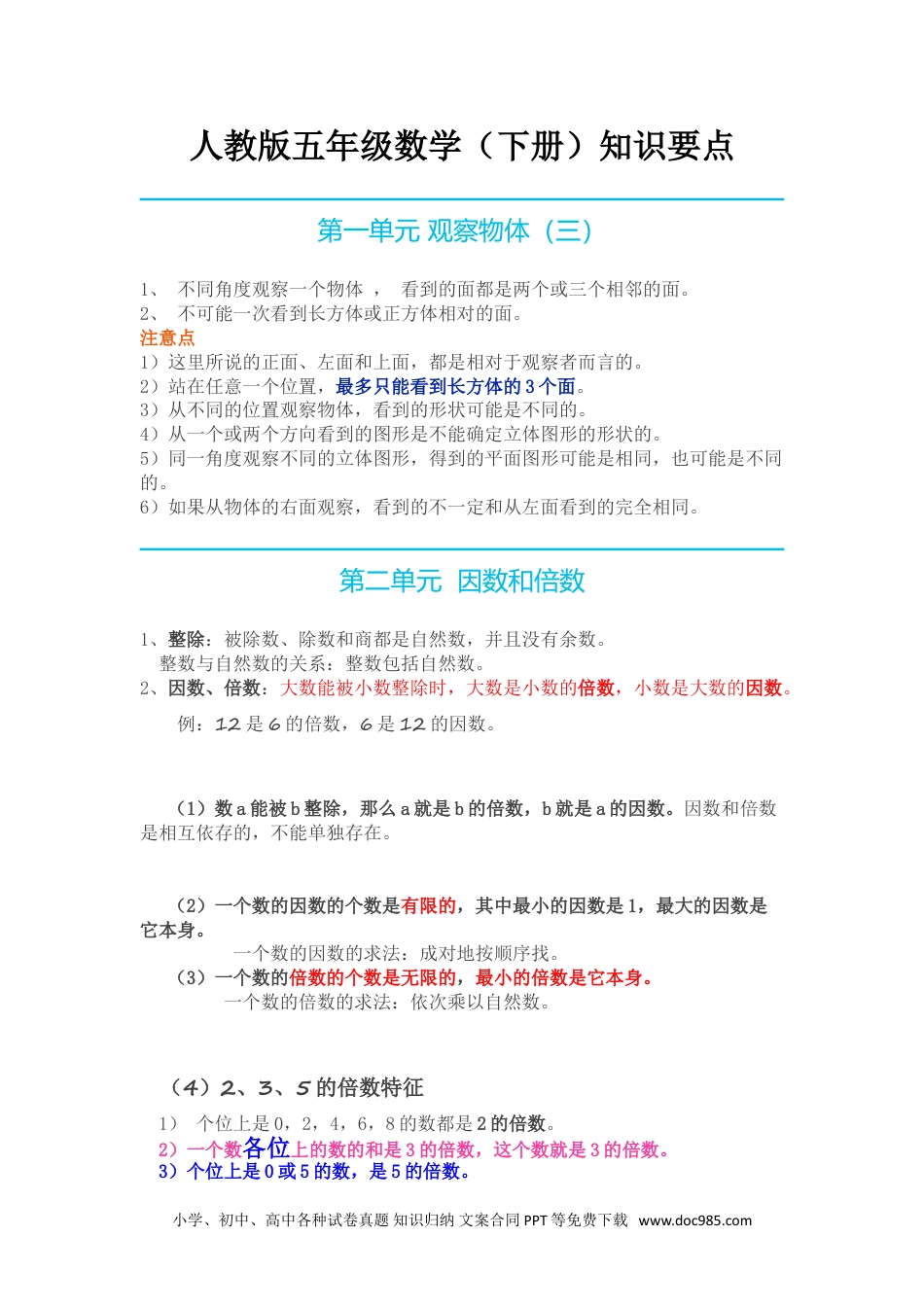 小学五年级数学下册人教小学数学5下 知识要点.doc