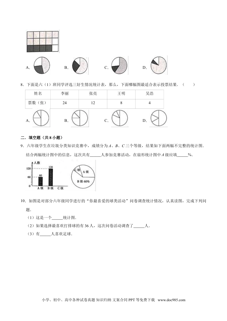 【精】 第7章 扇形统计图 -人教版小学六年级数学上册单元测试题（解析版）.doc