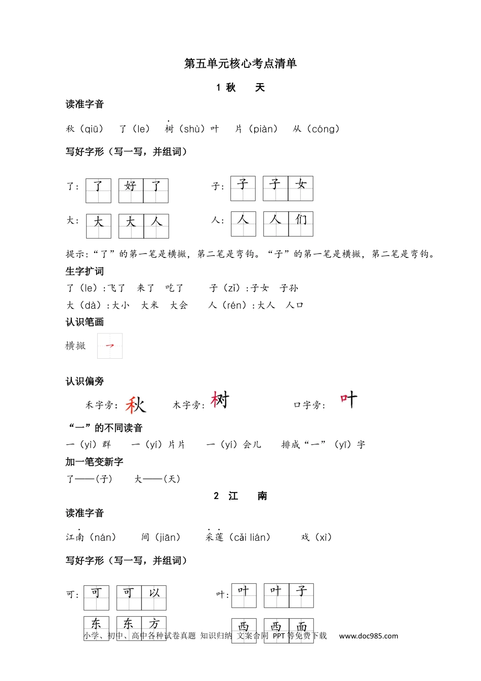 小学一年级语文上册第五单元核心考点清单.docx