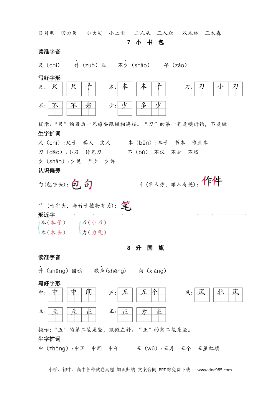 小学一年级语文上册第六单元核心考点清单.docx