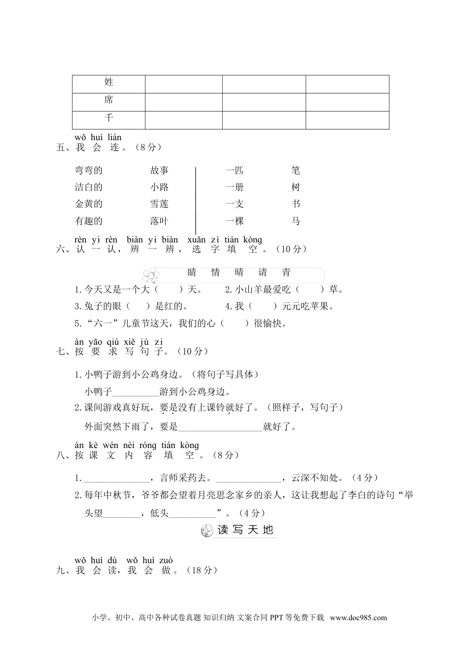 小学一年级语文下册第一~四单元阶段性综合复习.doc