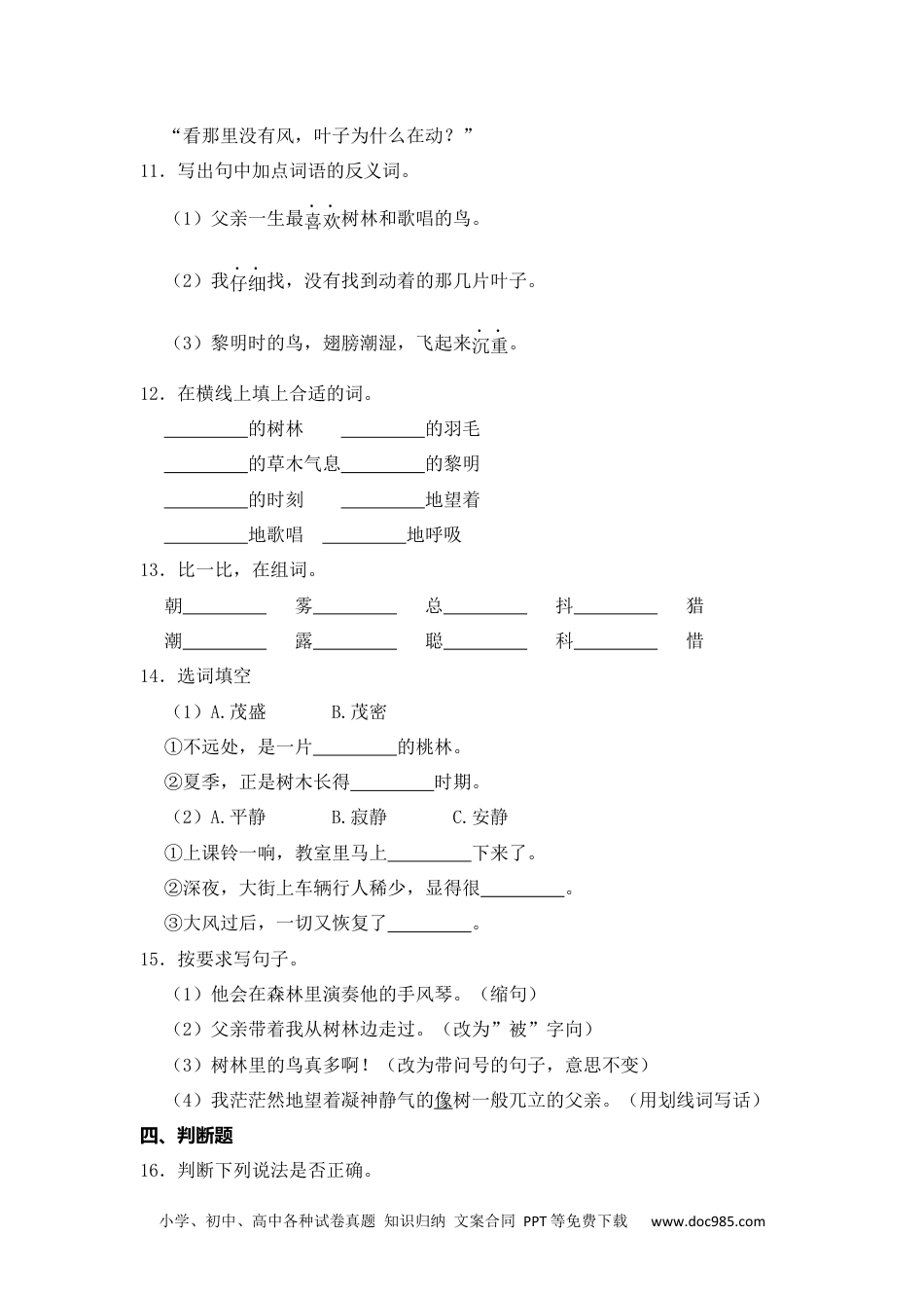 23 父亲、树林和鸟 同步分层作业-2024-2025学年语文三年级上册（统编版）.docx