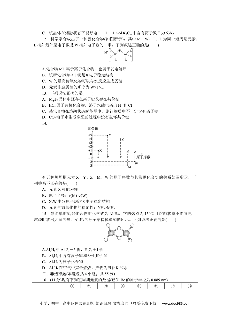 高中 化学·必修第一册（人教版）课时作业WORD第四章 综合素养测评.docx