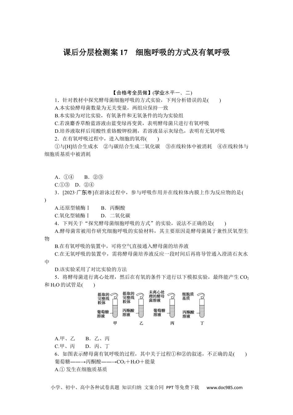 高中 生物·必修1课后分层检测（单选）课后分层检测案17.docx