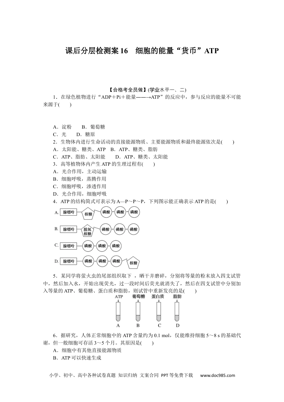 高中 生物·必修1课后分层检测（单选）课后分层检测案16.docx