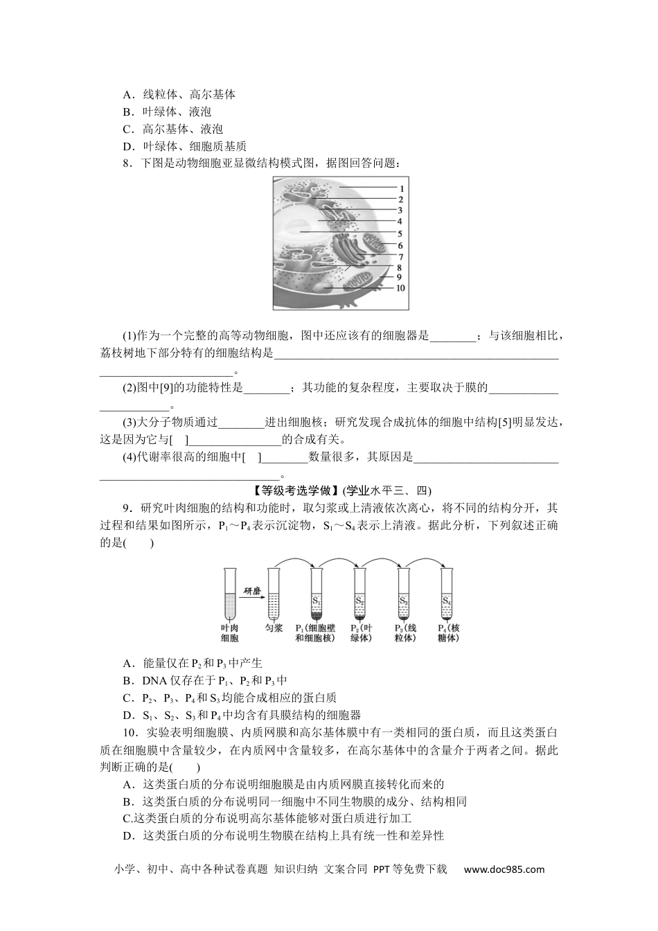 高中 生物·必修1课后分层检测（单选）课后分层检测案9.docx