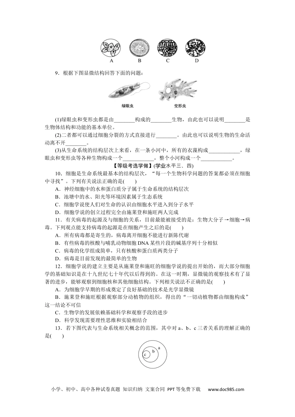 高中 生物·必修1课后分层检测（单选）课后分层检测案1.docx