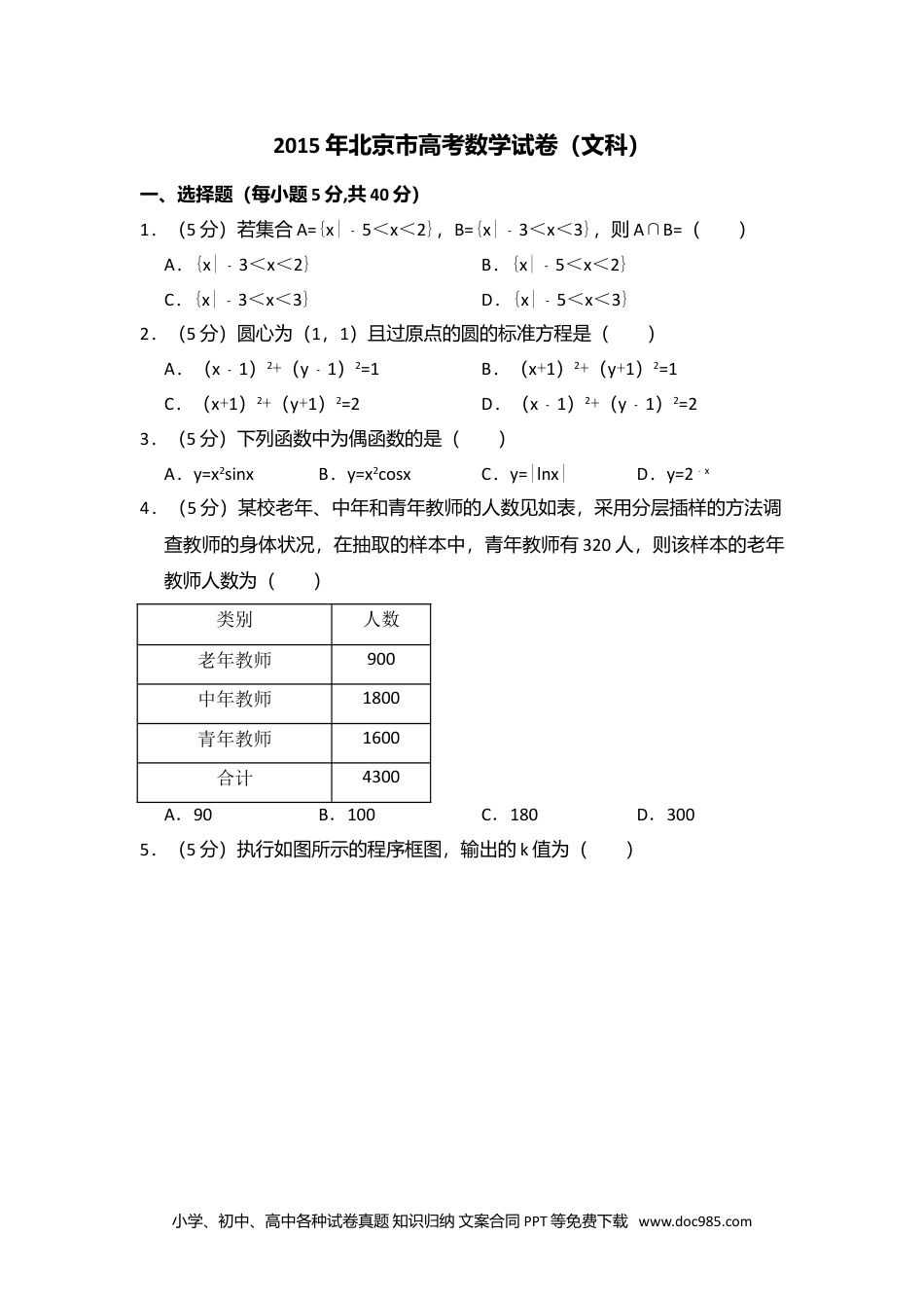 2015年高考数学试卷（文）（北京）（空白卷）.doc