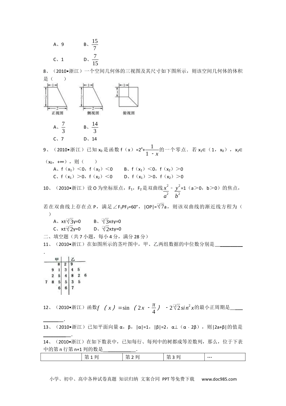 2010年高考数学试卷（文）（浙江）（空白卷）.docx