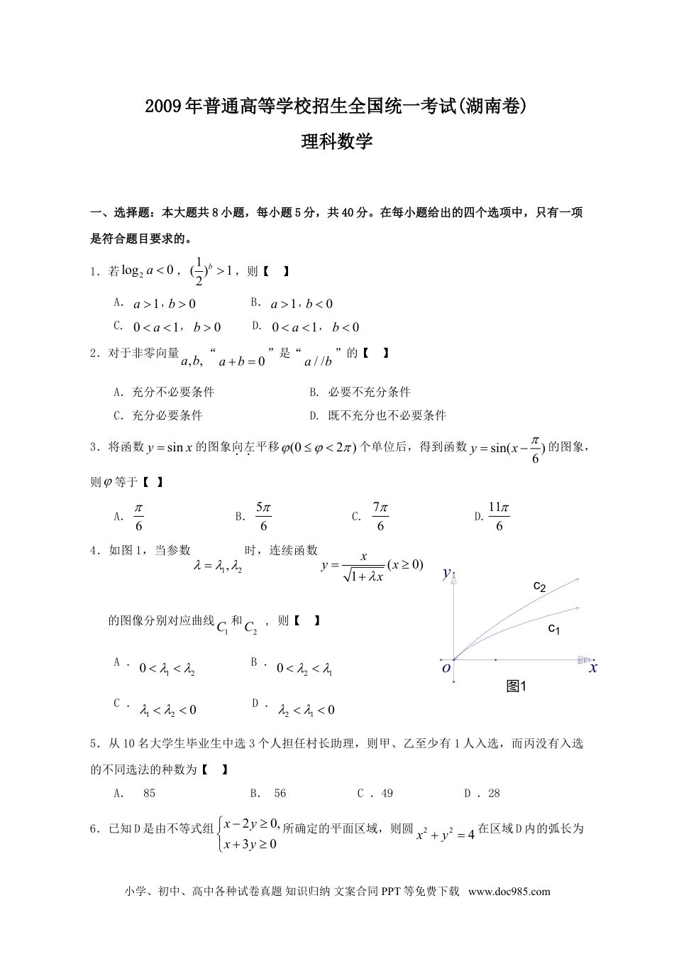 2009年高考数学试卷（理）（湖南）（空白卷）.doc