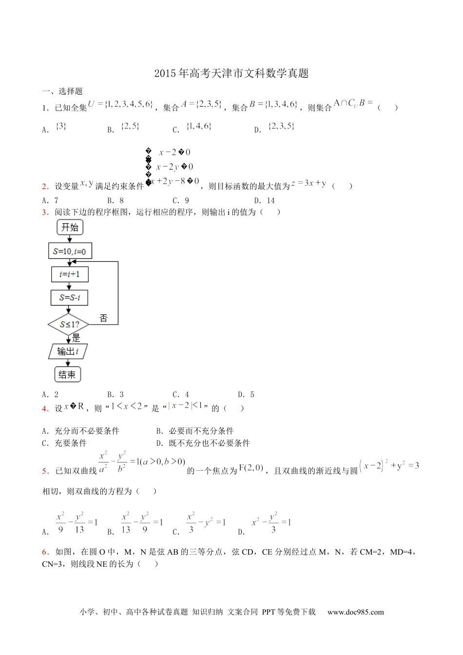 2015年高考数学试卷（文）（天津）（空白卷） (2).docx