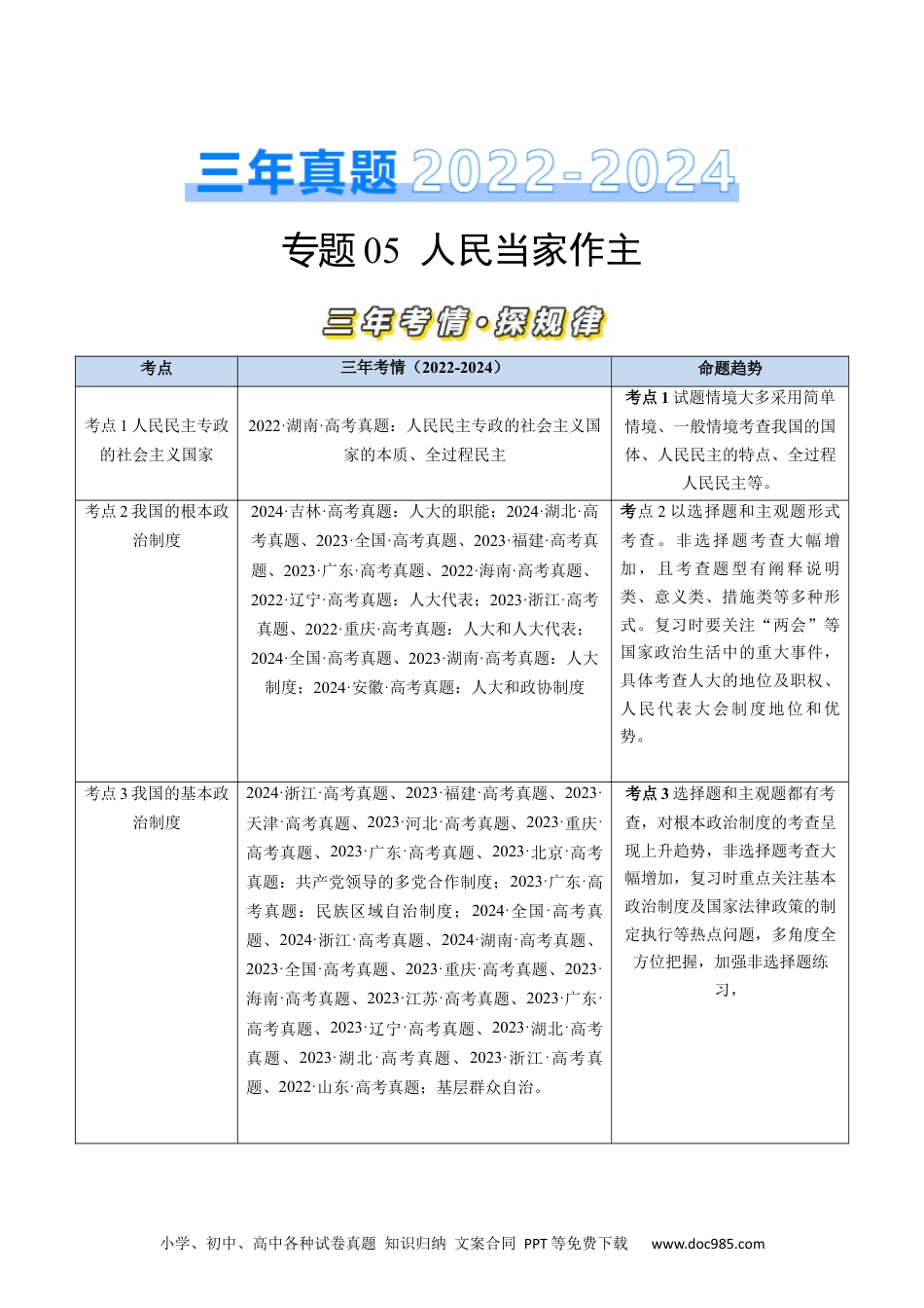 高考政治专题05 人民当家作主-三年（2022-2024）高考政治真题分类汇编（学生卷）.docx