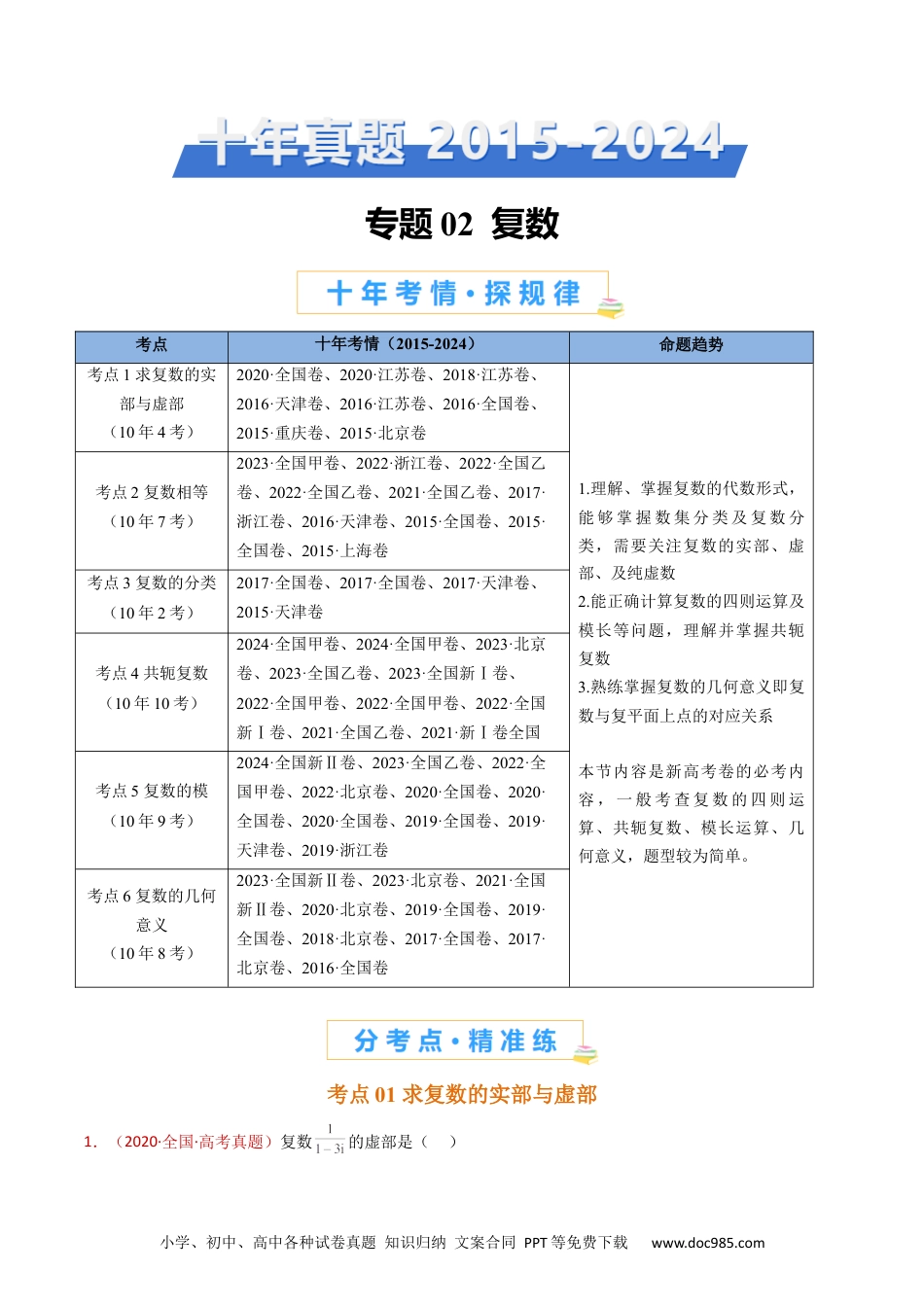 高考数学专题02 复数（教师卷）- 十年（2015-2024）高考真题数学分项汇编（全国通用）.docx