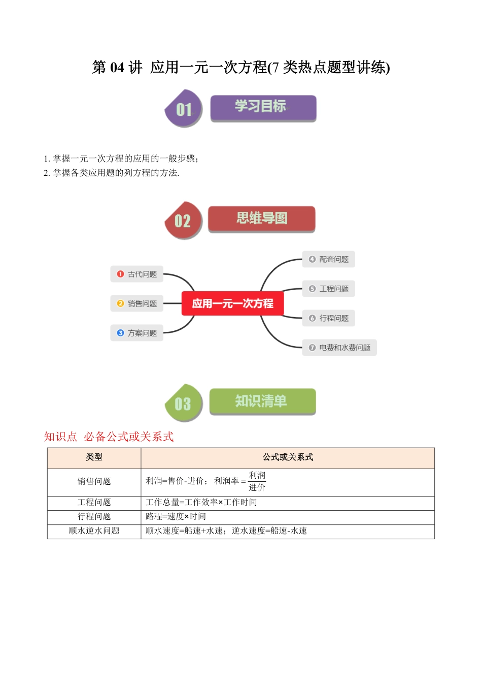 七年级上册 数学第04讲 应用一元一次方程(7类热点题型讲练)（原卷版）.pdf