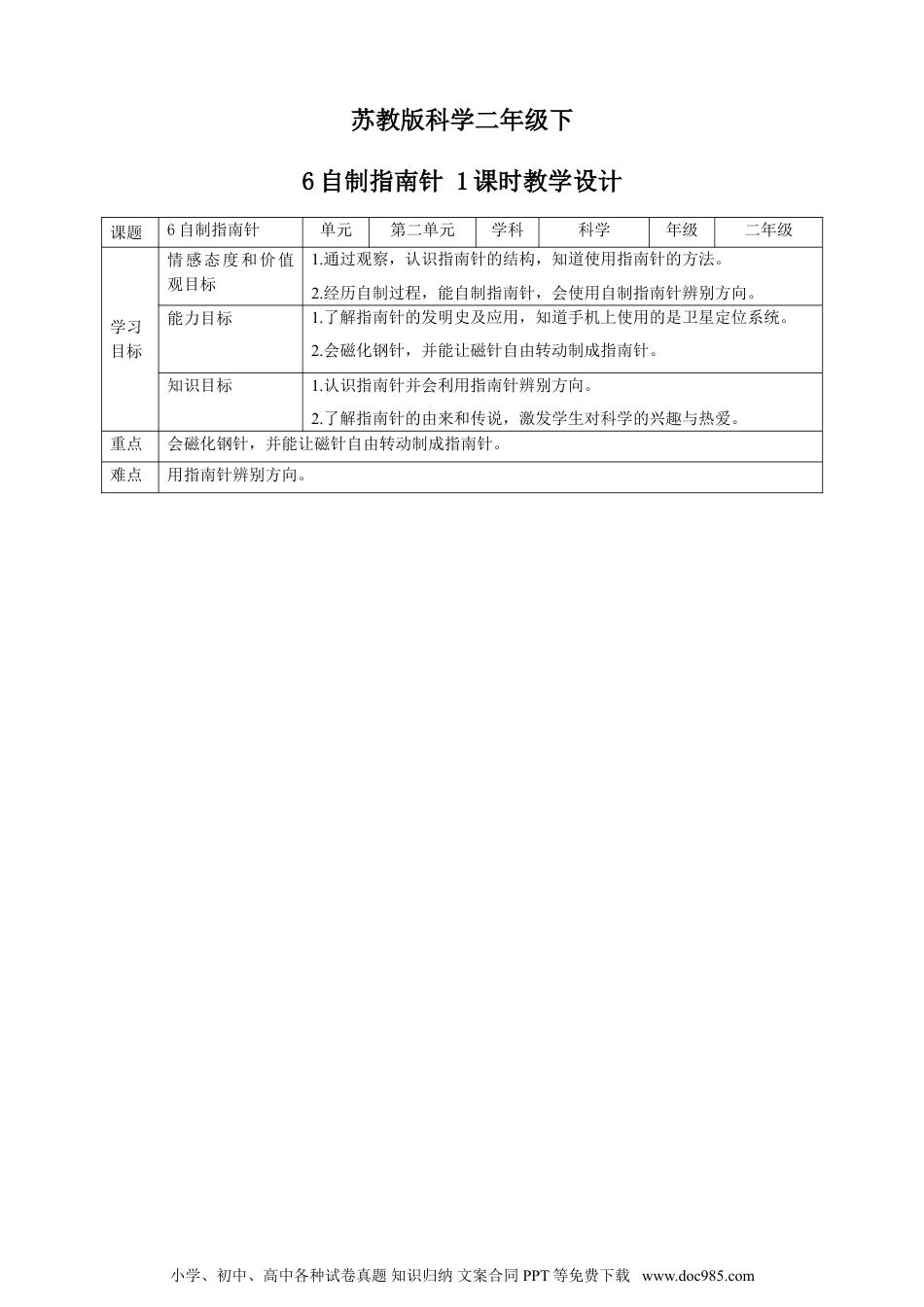 （苏教版）二年级下册科学苏教版-科学 二下6 自制指南针-教案.doc