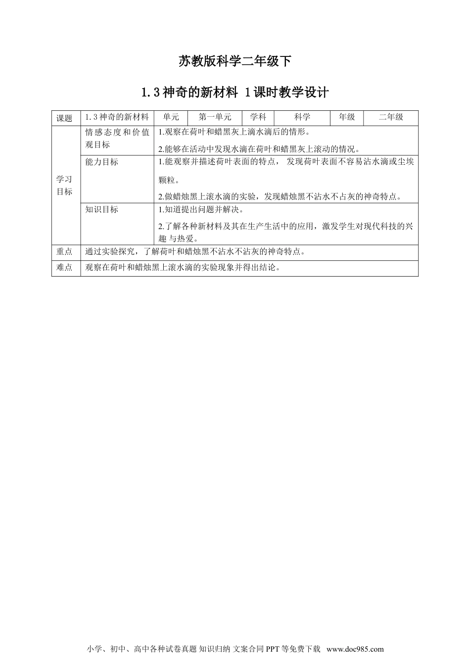 （苏教版）二年级下册科学苏教版-科学 二下1.3神奇的新材料-教案.doc