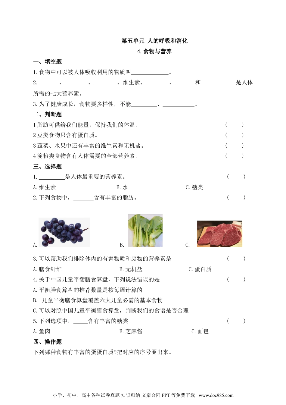 （苏教版）三年级上册科学【精】苏教版科学三年级上册一课一练-19食物与营养（含答案）(23103999).doc