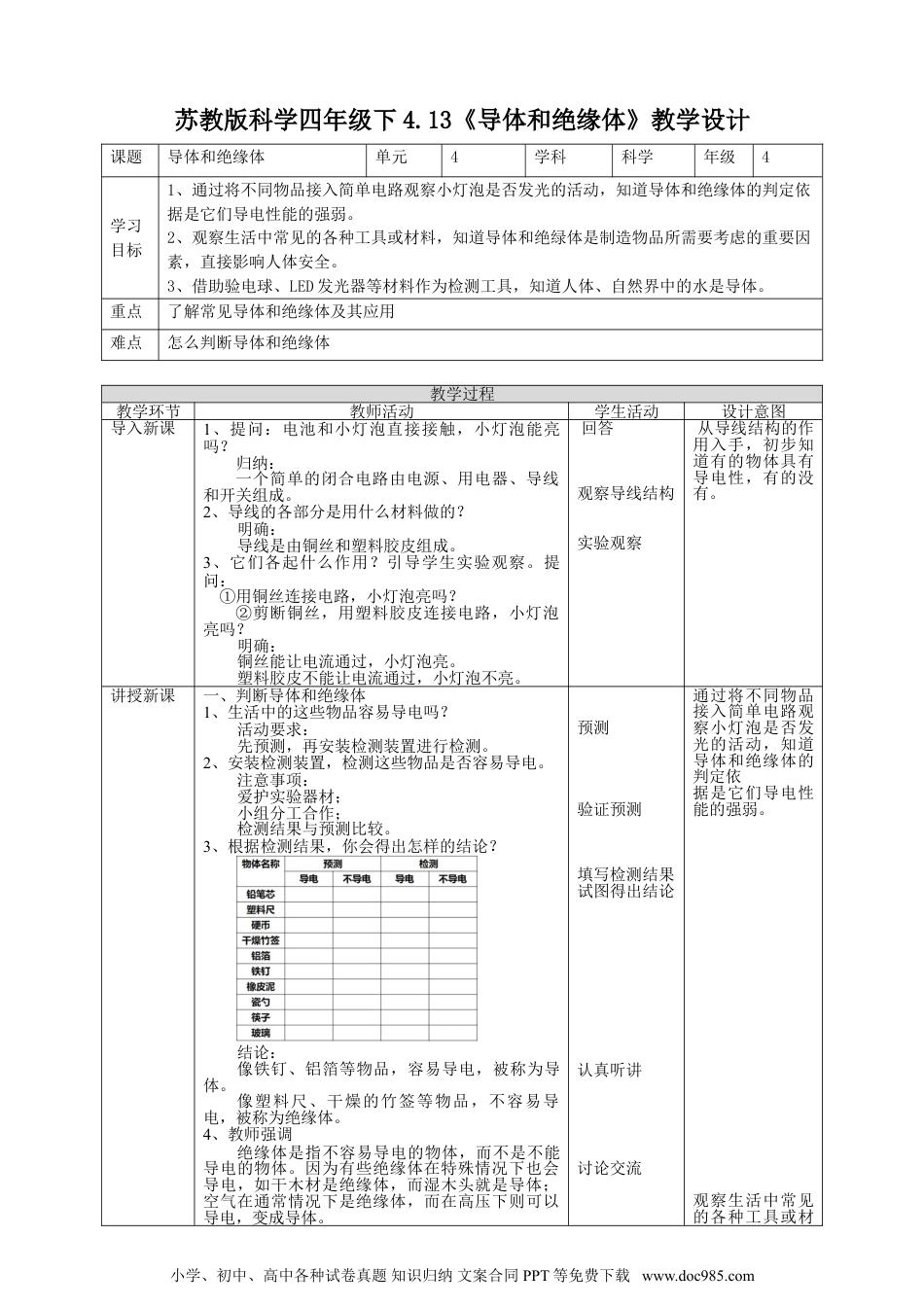 （苏教版）四年级上册科学4.13《导体和绝缘体》教案.doc