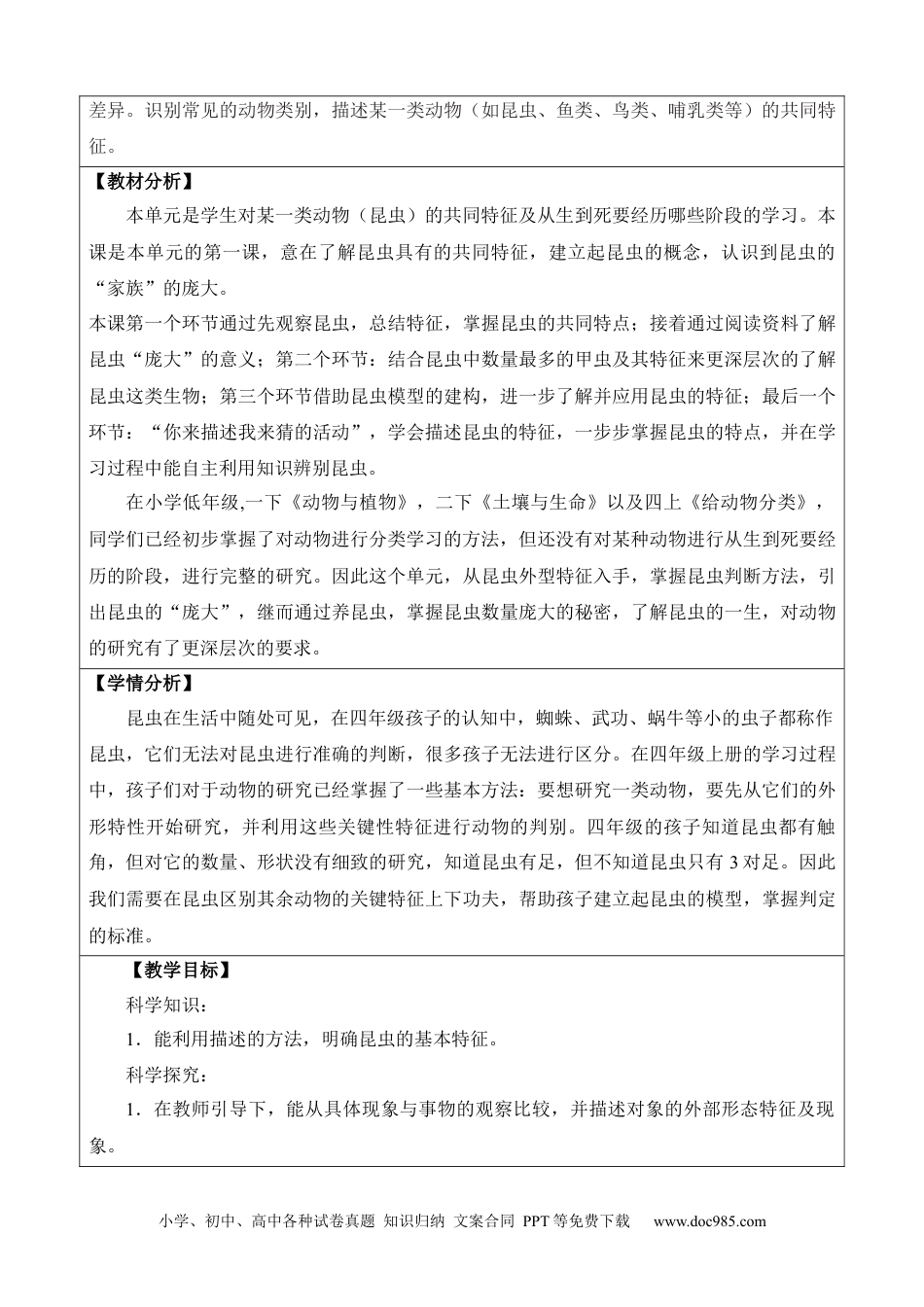 苏教版小学科学四年级下册第三单元《昆虫》（网格式教案）.docx