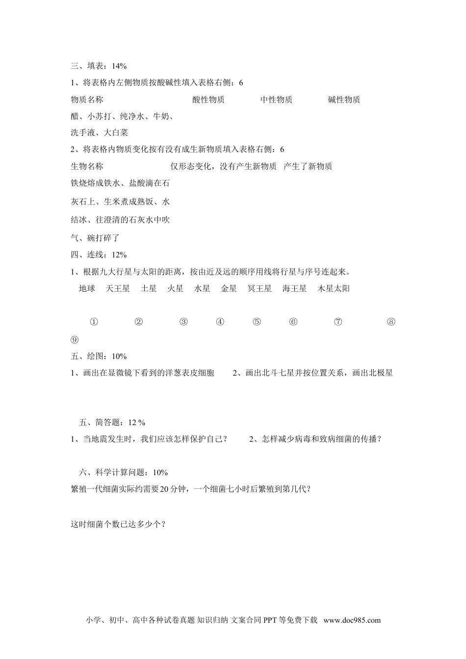 （苏教版）六年级上册科学 期中期末赠送——苏教版小学科学六年级上册期末试卷（无答案）.doc