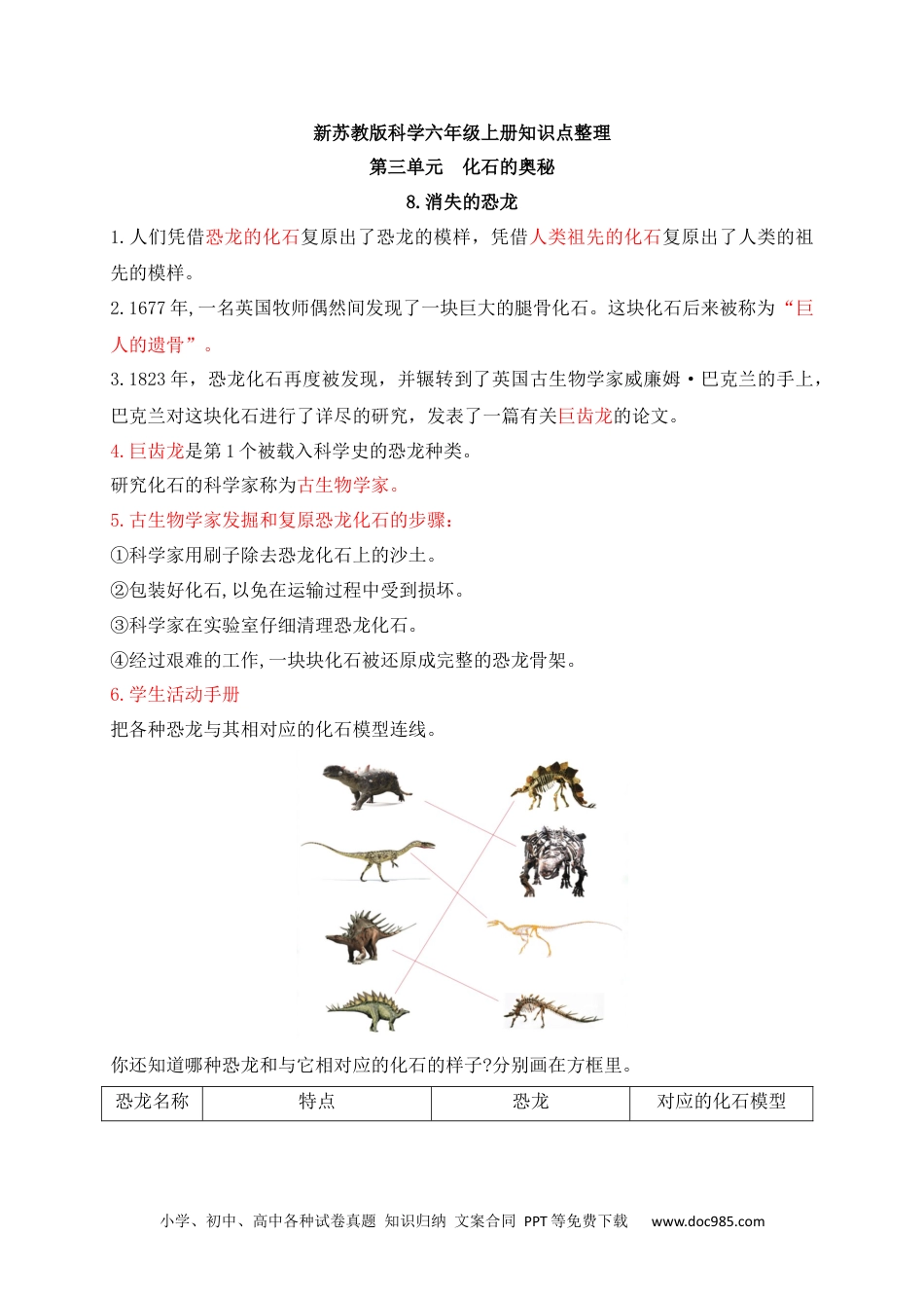 新苏教版六年级上册科学第三单元化石的奥秘知识点整理.docx