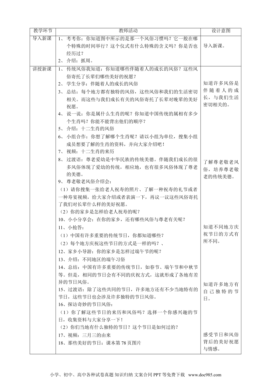 四年级下册部编版 道德与法治10我们当地的风俗  第一课时教案.doc