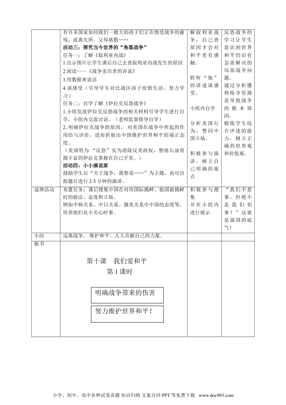 六年级下册部编版 道德与法治第十课《我们爱和平》第1课时教学设计.doc